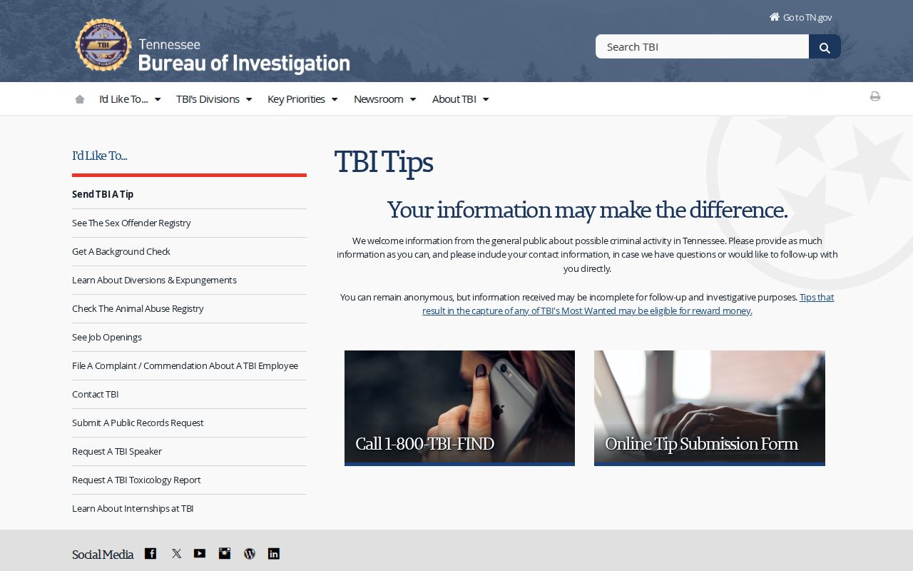 Hancock County most wanted tip guidance leads to the official TBI safety channel